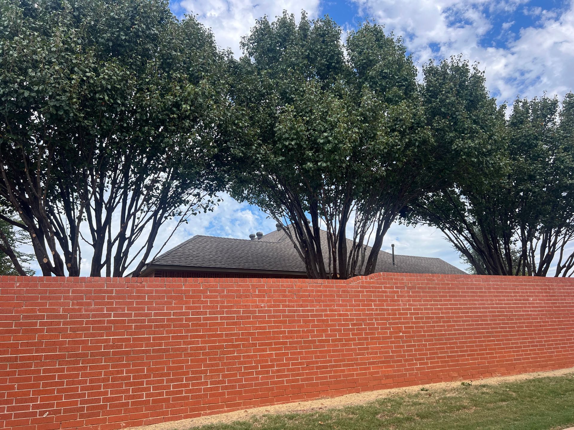 A long red brick wall sits in front of a house roof partially obscured by a line of green trees under a cloudy blue sky.