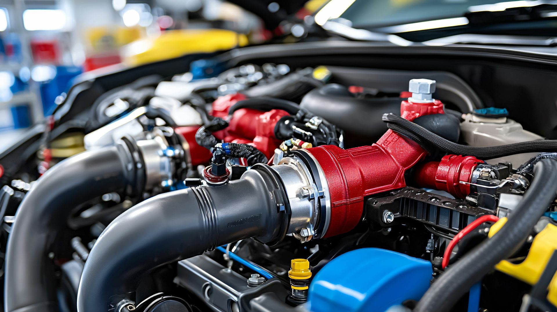 A close up of the engine of a car with the hood open.