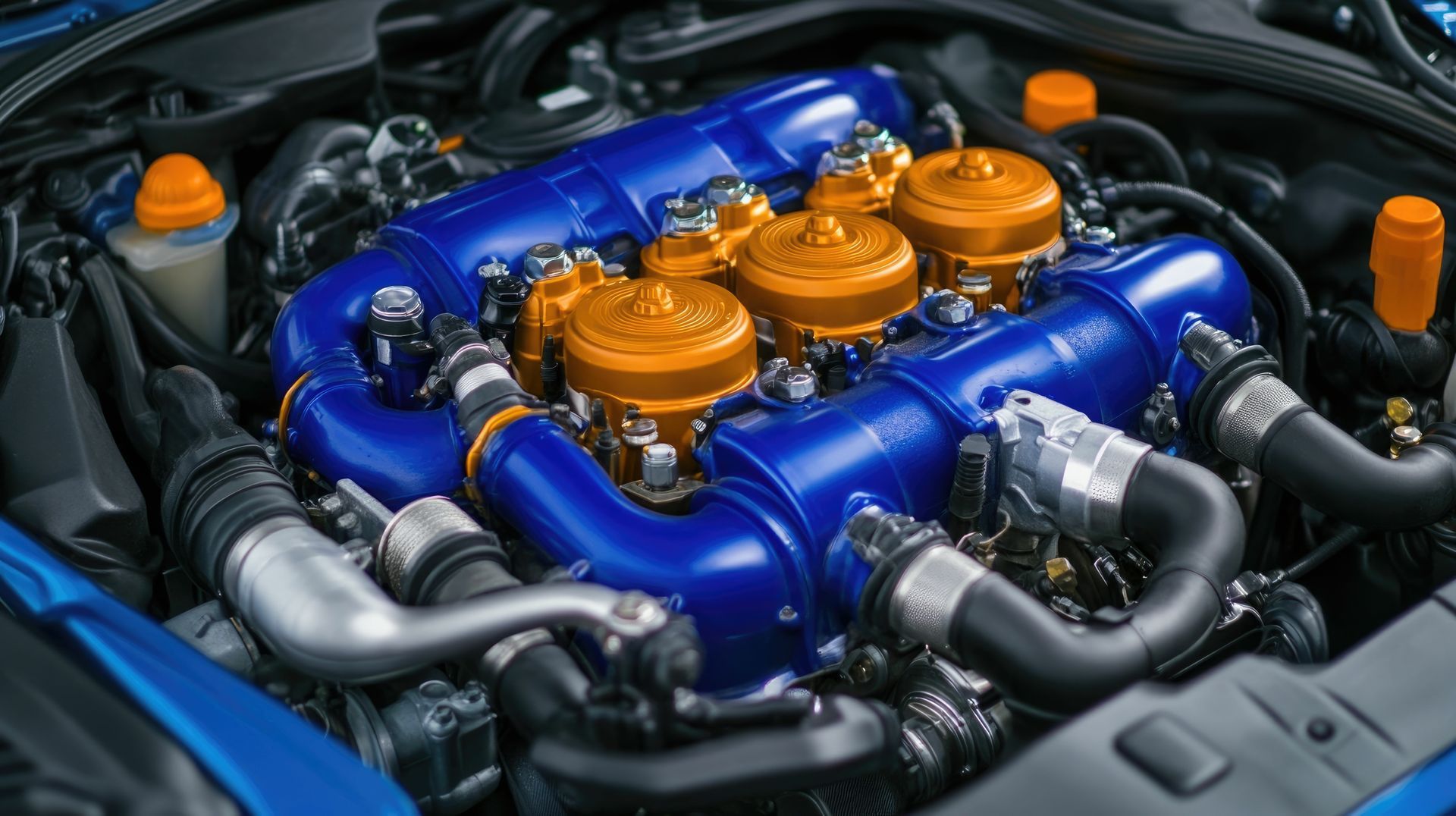 A close up of the engine of a car with the hood open.