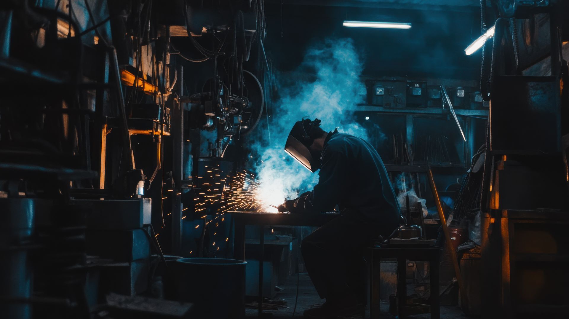 A man is welding a piece of metal in a dark room.
