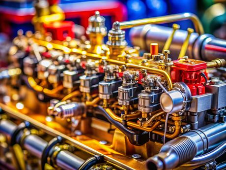 A close up of a colorful engine with a lot of valves and tubes.