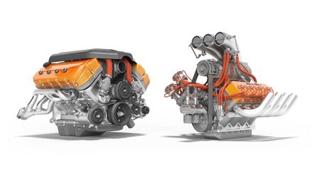 A 3d model of a muscle car engine on a white background.