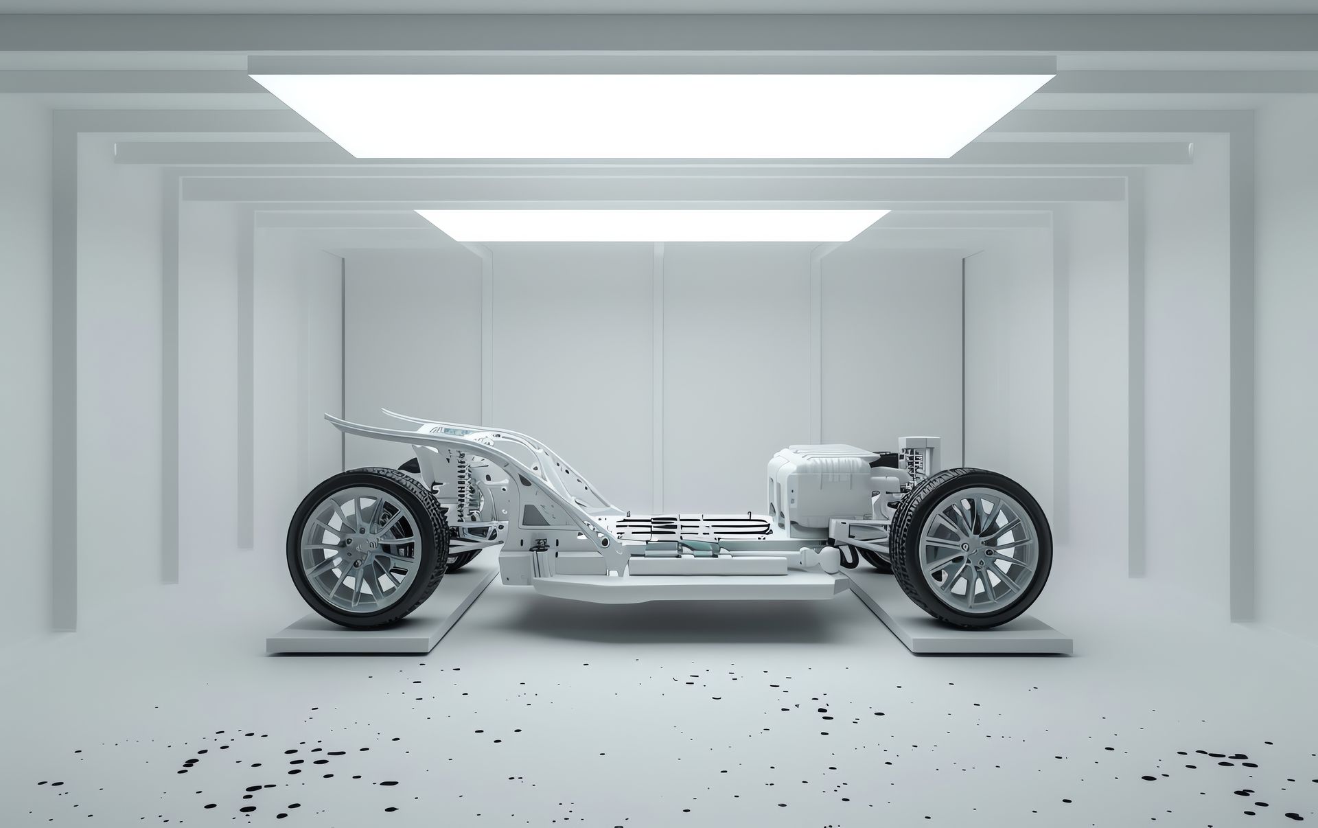 A 3d rendering of a car chassis in a garage.