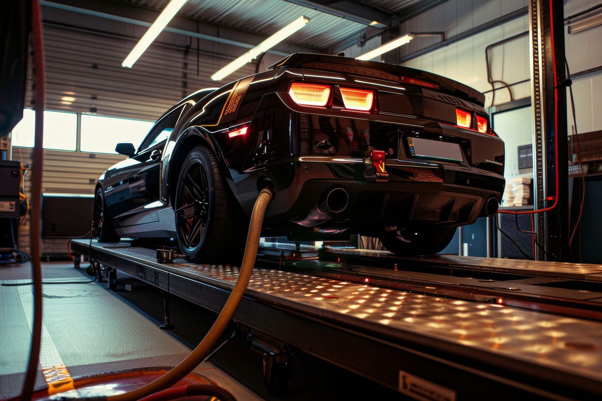 A car is being tested in a garage with a hose attached to it.