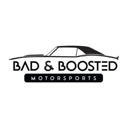 A black and white logo for bad & boosted motorsports.