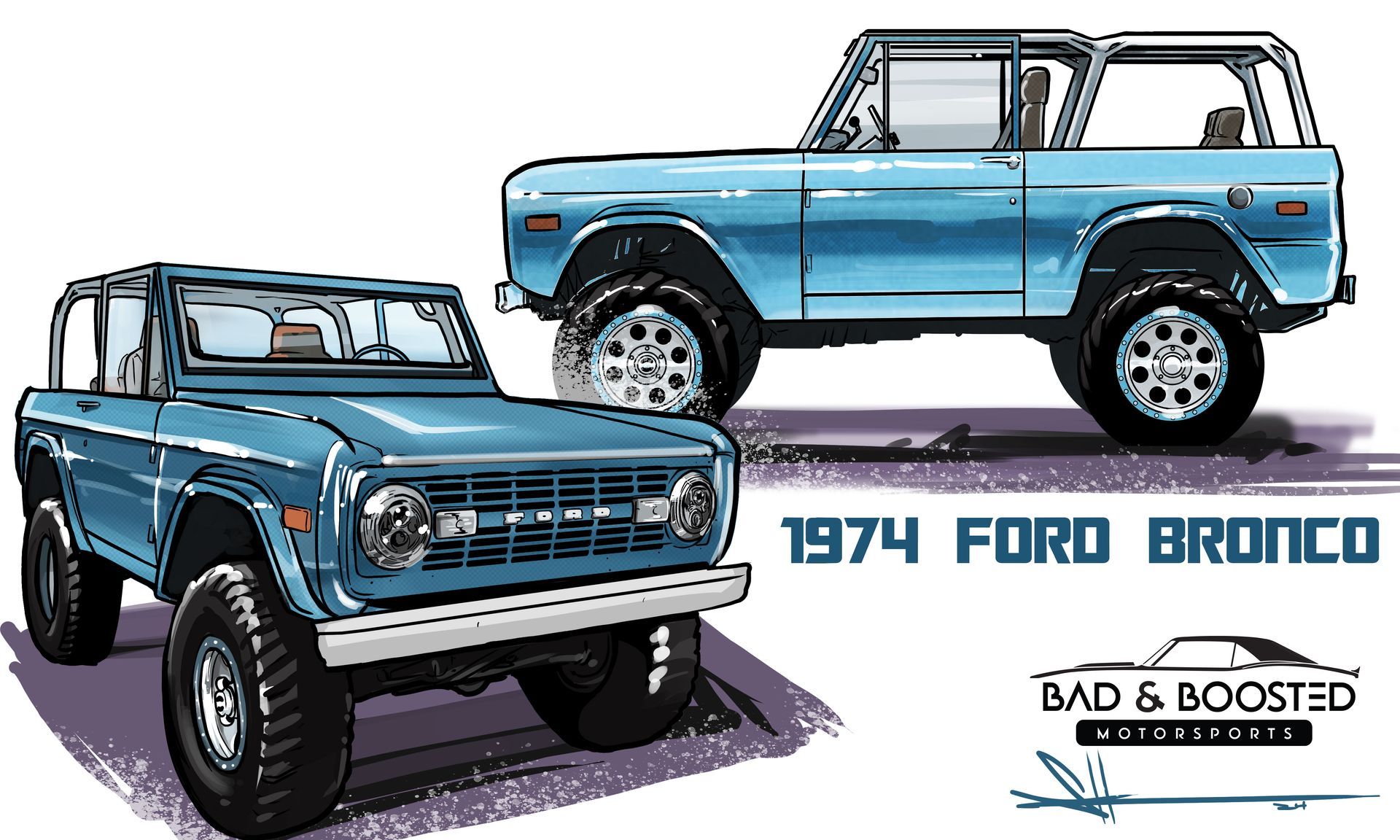 A drawing of a 1974 ford bronco on a white background