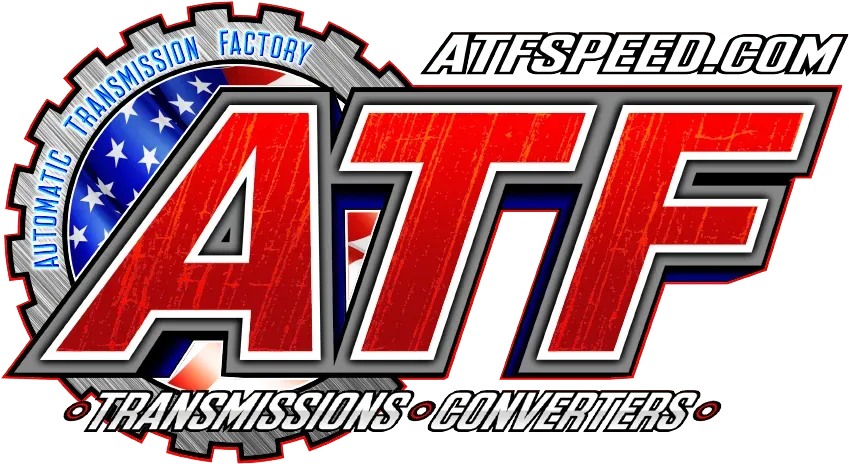 A red and white logo for atf transmissions and converters