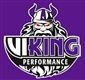 A viking performance logo with a viking on a purple background.