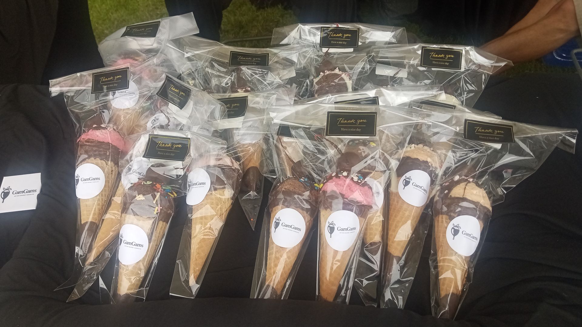 GamGams Packaged ice cream cones in clear plastic bags, ready for sale.