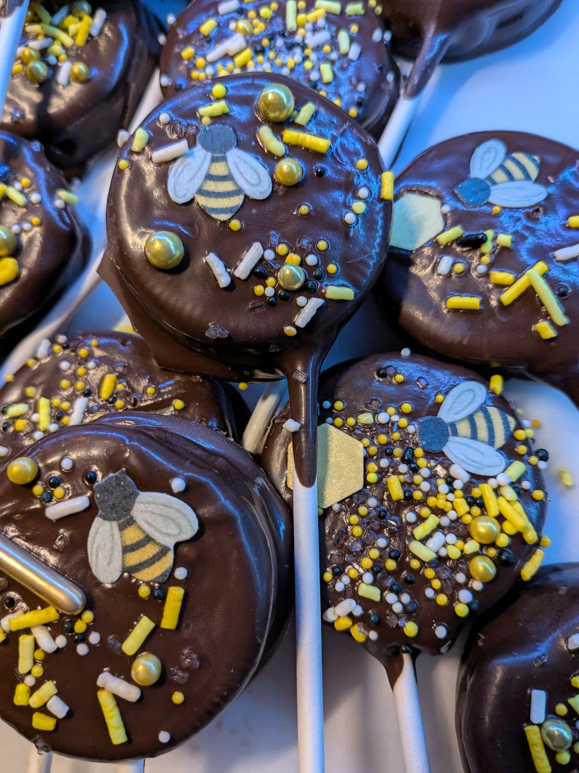 Chocolate-covered cookie pops decorated with editble bee sprinkles. From the GamGams Booth