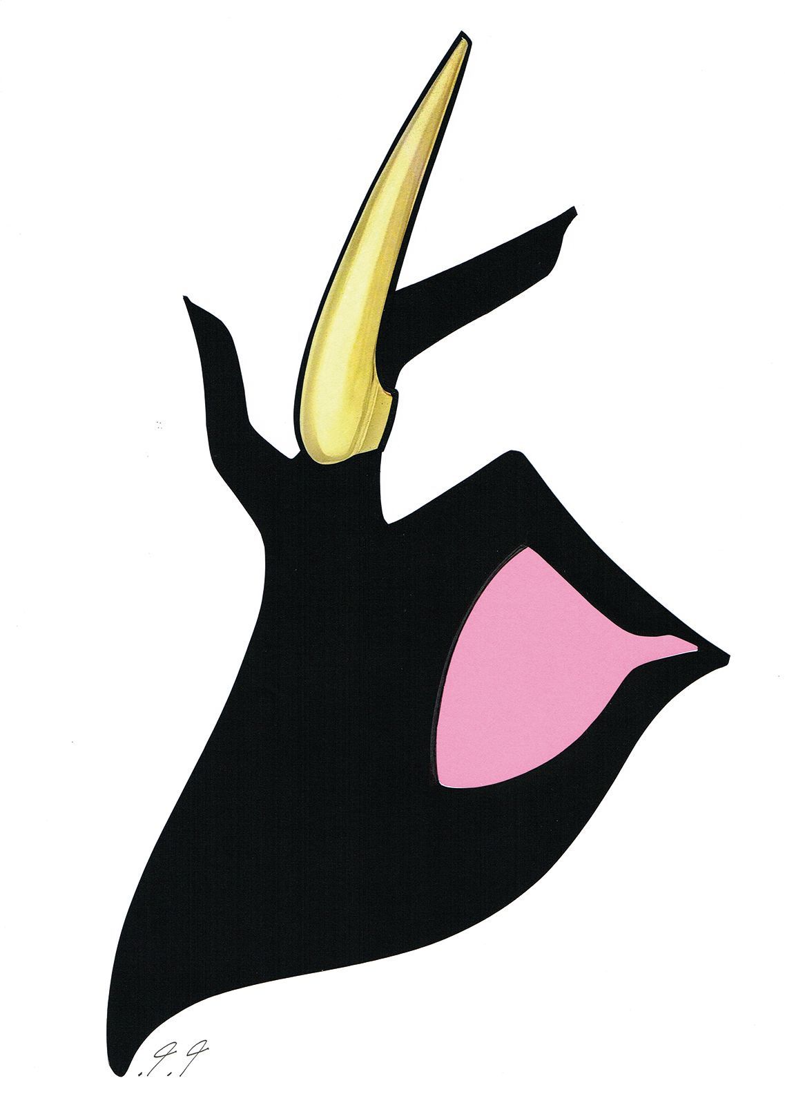 Silhouette of a whirling dervish with a gold headpiece and pink accents.