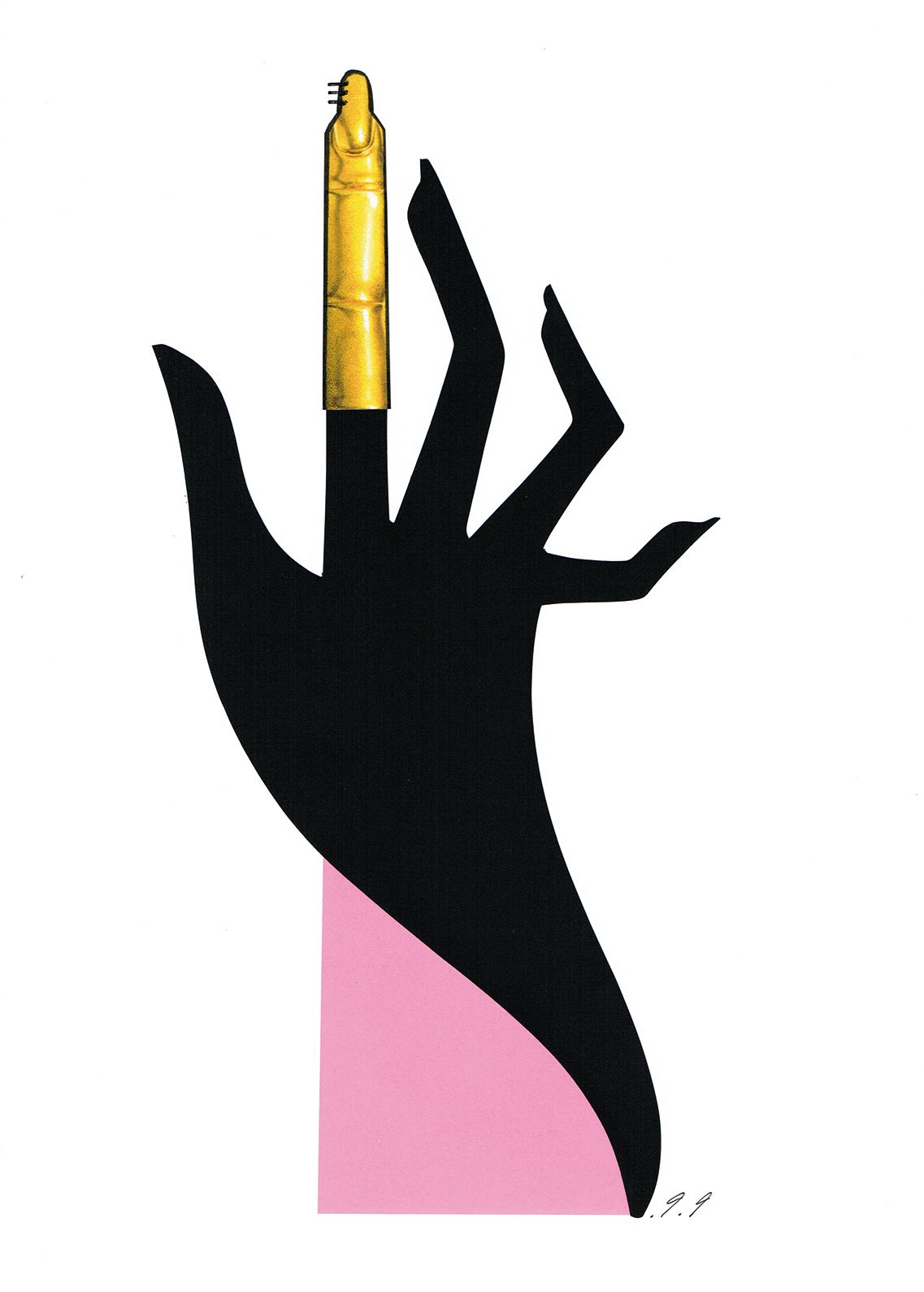 Black hand holds a gold pen. Pink arm extends beneath the hand.