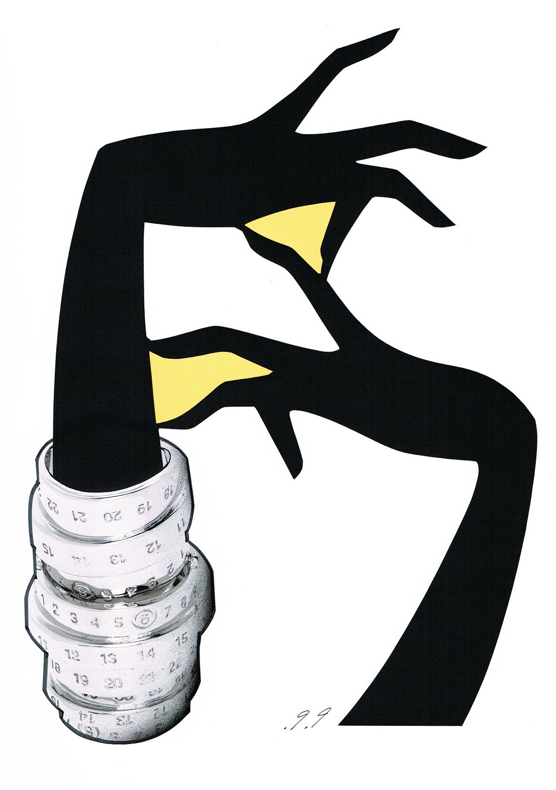 Black, clawed hand in front of another; both with yellow accents. White, textured sleeve.