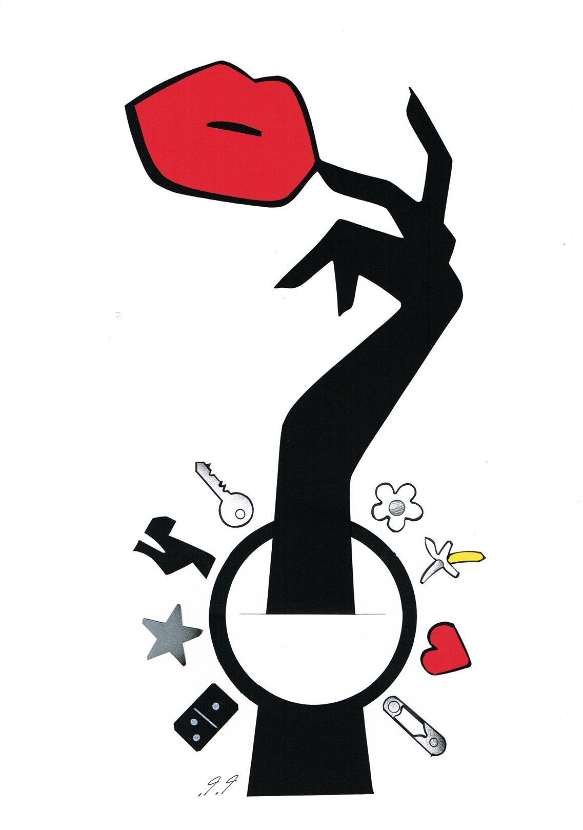 Silhouette of a hand holding red lips, surrounded by various small symbols within a circle.