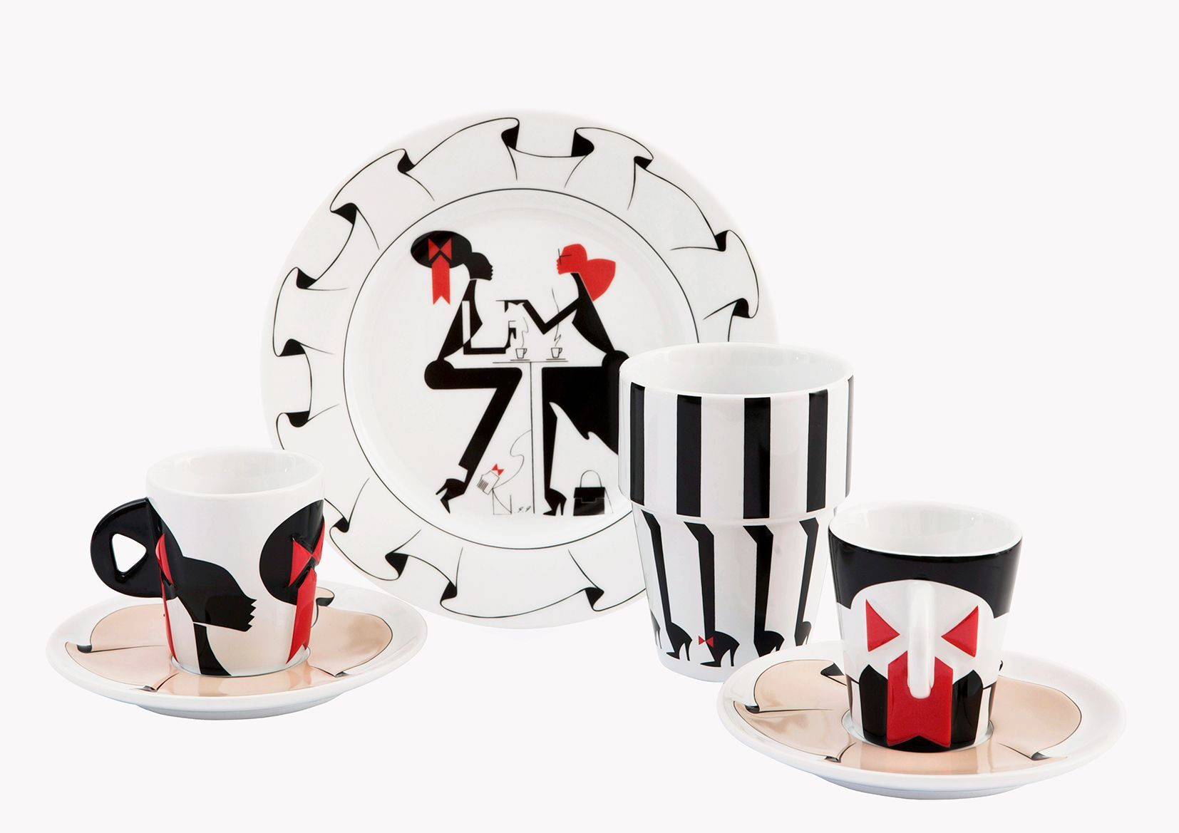 A set of plates and cups with a woman on them, Piet Paris, illustration campaign, fashion illustration agency, illustrate agentschap, amsterdam