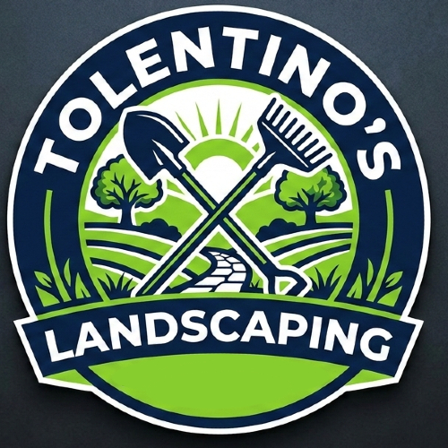 Tolentino's Landscaping logo: Crossed shovel and rake over a landscape scene with trees, sun, and path; green, blue, white.