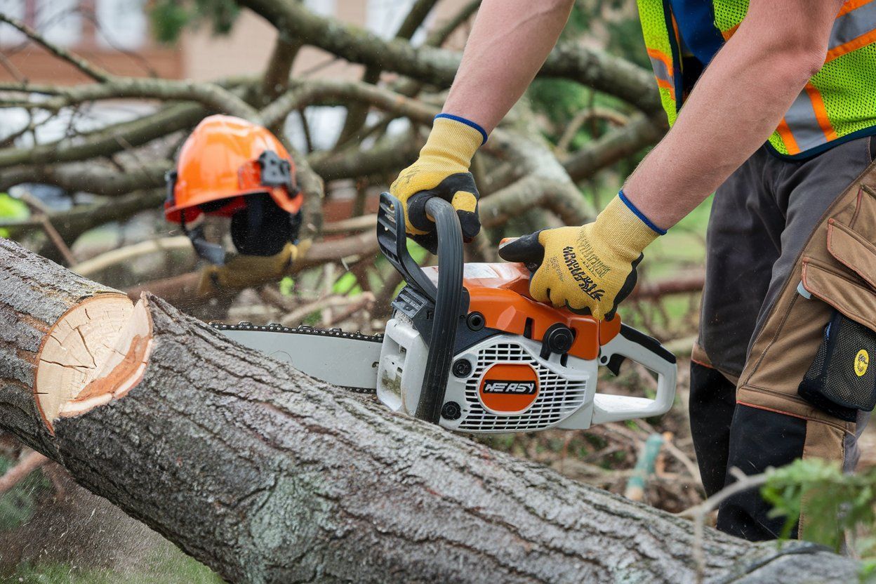 A man is cutting a tree with a chainsaw.