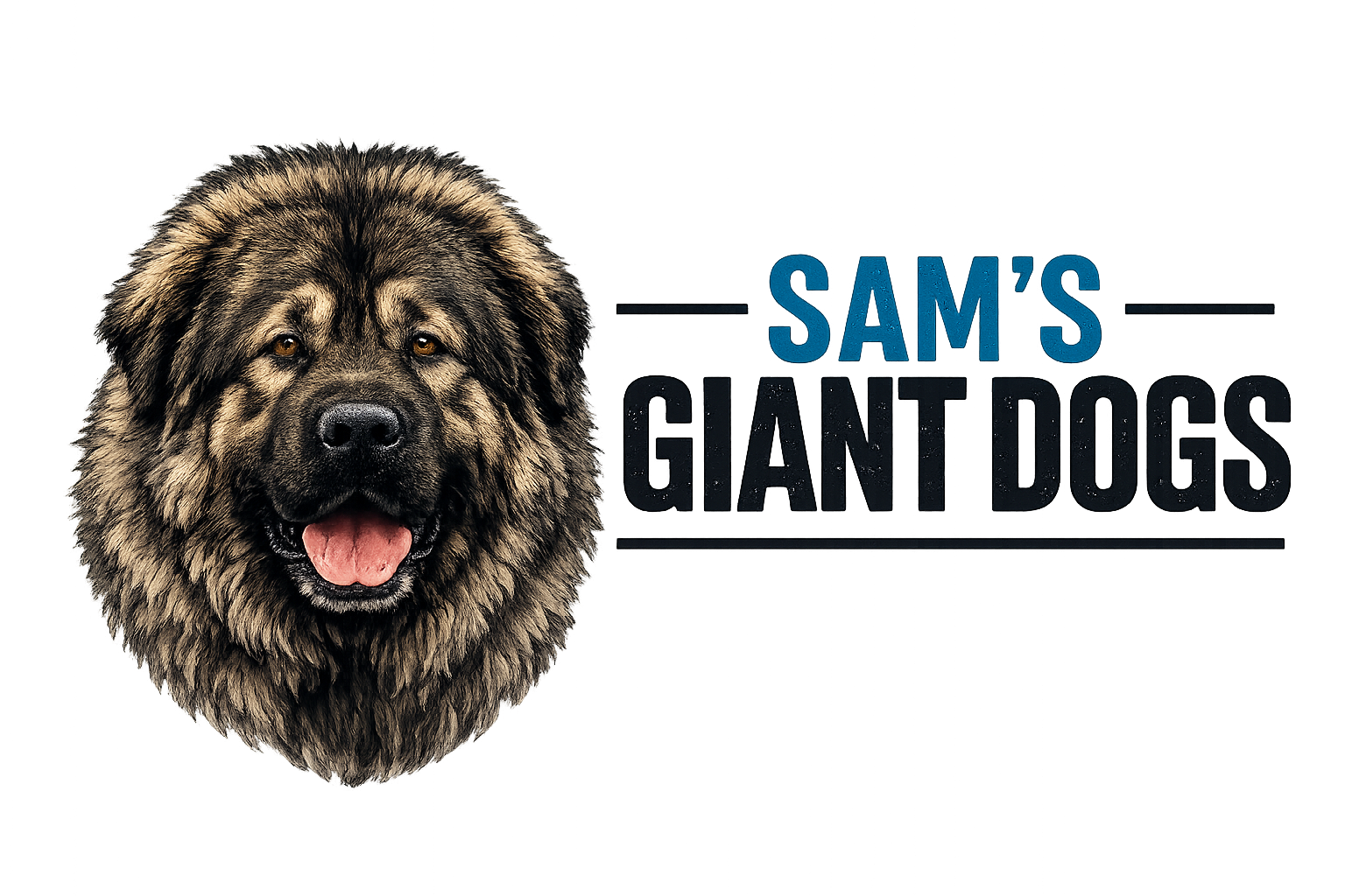 Logo for Sam&rsquo;s Giant Dogs featuring a portrait of a fluffy brown dog with its tongue out next to the company name.