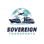Logo for Sovereign Transports featuring a globe, airplane, cargo ship, and truck in blue tones against a white background.
