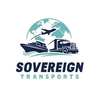 Logo for Sovereign Transports featuring a globe, airplane, cargo ship, and truck in blue tones against a white background.