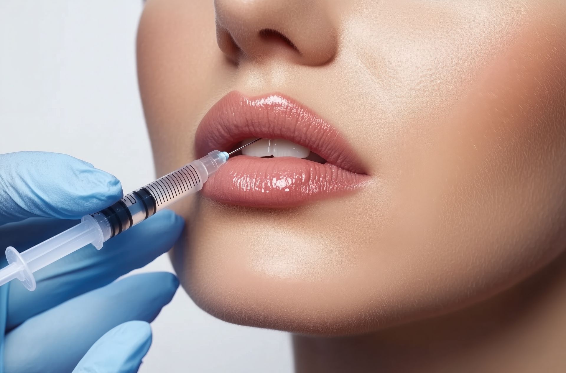 Eine Frau bekommt eine Botox-Injektion in die Lippen.