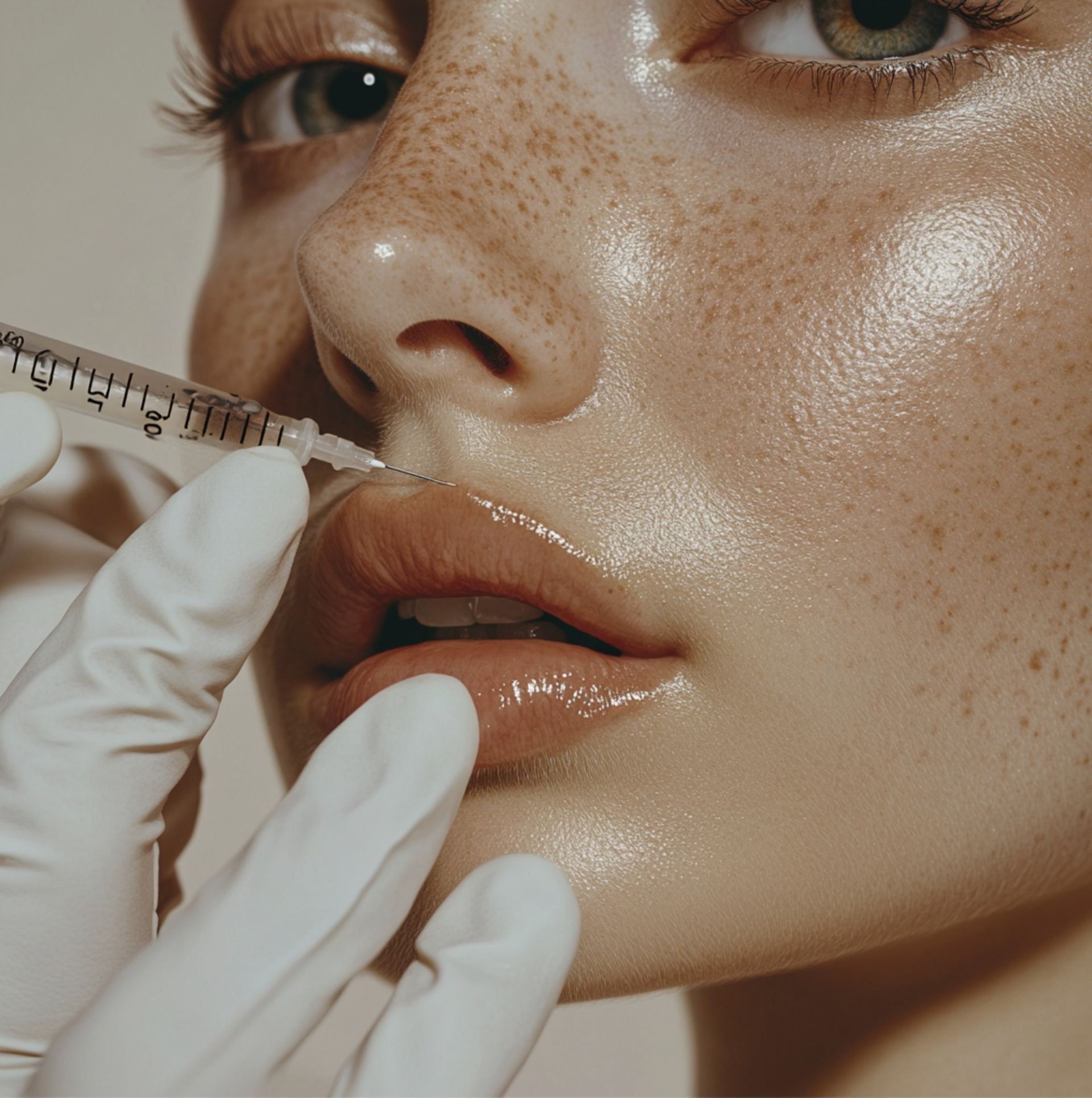 Eine Frau bekommt eine Botox-Injektion in die Lippen.