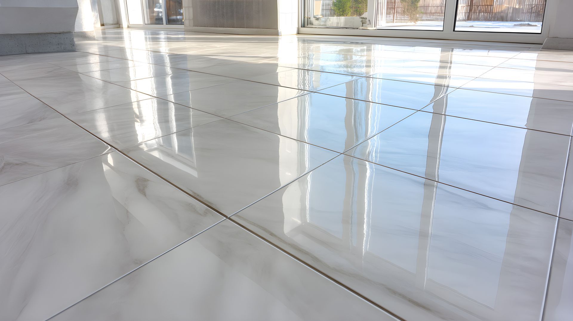 Shiny white tiled floor with grid lines, reflecting natural light from windows.