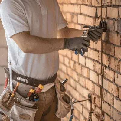 A man is working on a brick wall with a pair of pliers.