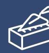 A white line drawing of a piece of cake in a box on a blue background.