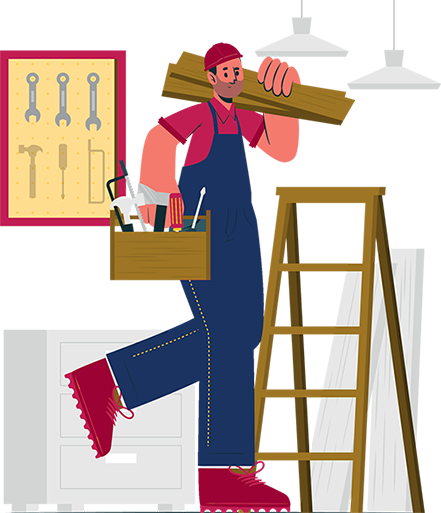 A man is carrying a piece of wood on his shoulder while standing on a ladder.