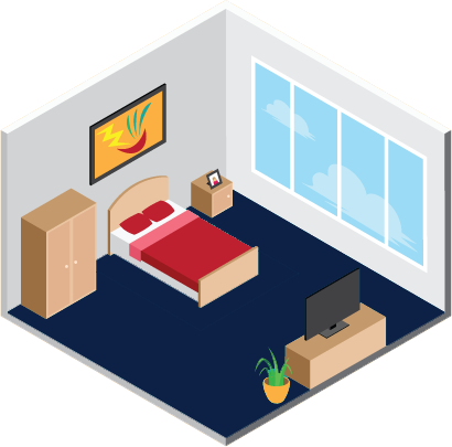 An isometric illustration of a bedroom with a bed , television , nightstand and window.