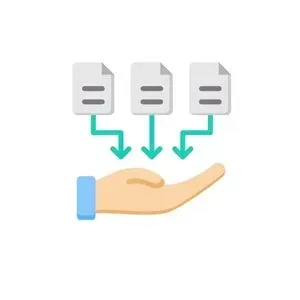 A hand holding three papers with arrows pointing down.