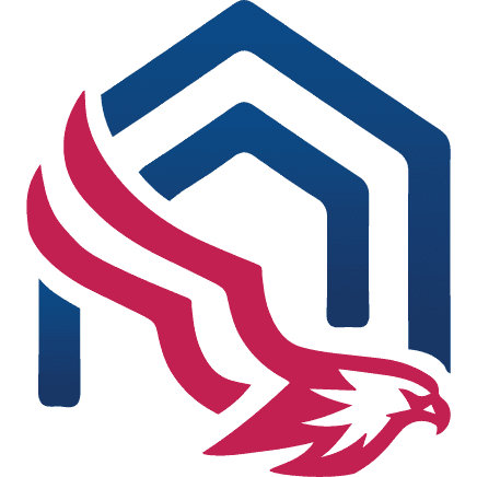 A red white and blue logo with an eagle on it