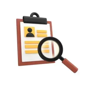 A clipboard with a picture of a person on it and a magnifying glass.