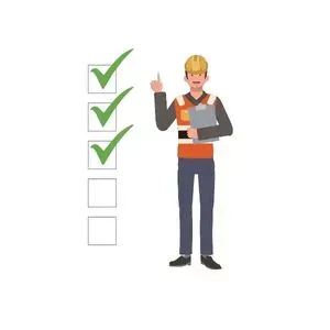 A man in a hard hat is holding a clipboard and pointing at a checklist.