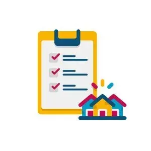 A clipboard with a checklist and a house on it.