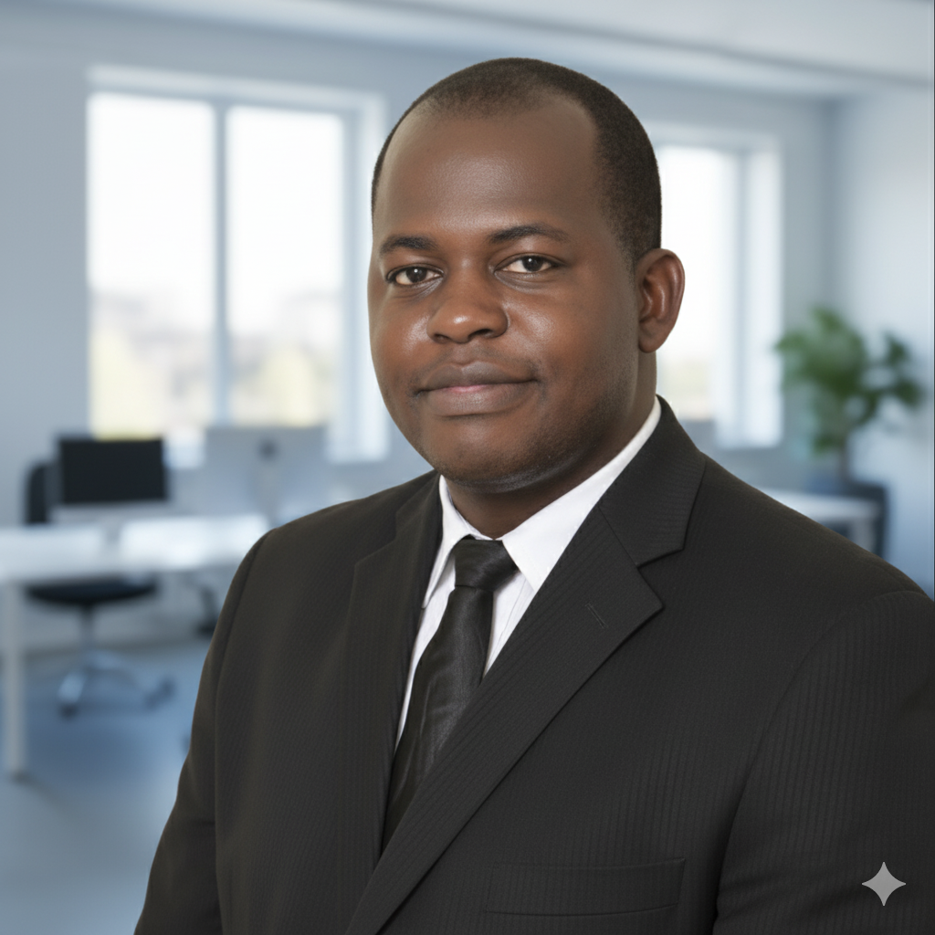 Man in a navy suit and tie, looking directly at the camera against a white background.