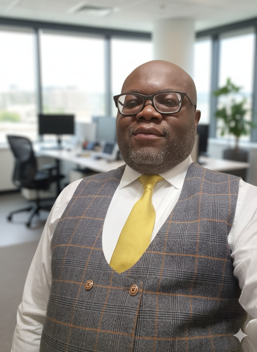 Man standing next to a large, stylized 