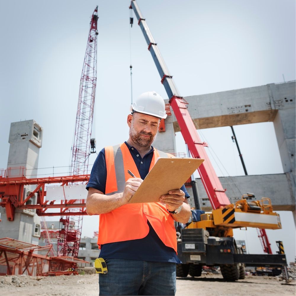 Construction worker in orange vest and hard hat taking notes on a clipboard at a building site with cranes.