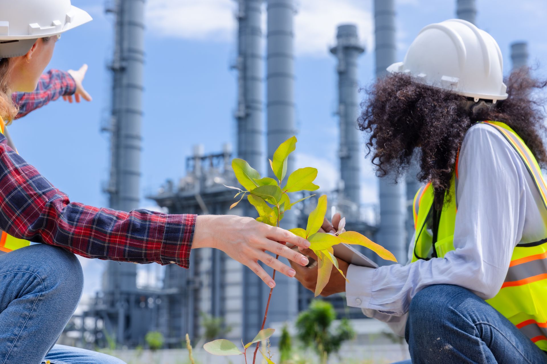 Two engineers, wearing hard hats and vests, examining a plant in front of an industrial facility.