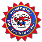 F=MC2 proud partner seal for NYC2 Family of Volunteers, red and blue with cartoon face