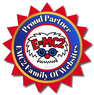 F=MC2 proud partner seal for NYC2 Family of Volunteers, red and blue with cartoon face
