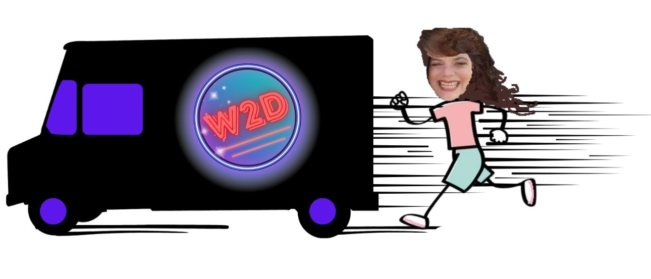 Purple-and-black truck with a neon “WUB” logo, towing a running woman cartoon behind it