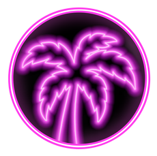 Neon pink palm tree inside a circle, on a black background.