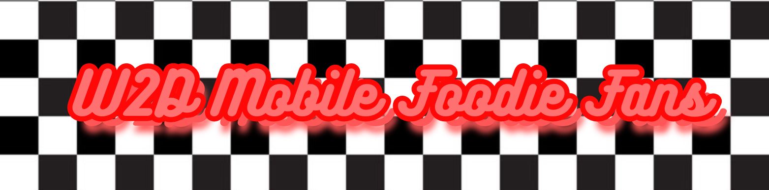 Red script text reading “W2B Mobile Foodie Favs” on a black-and-white checkerboard background
