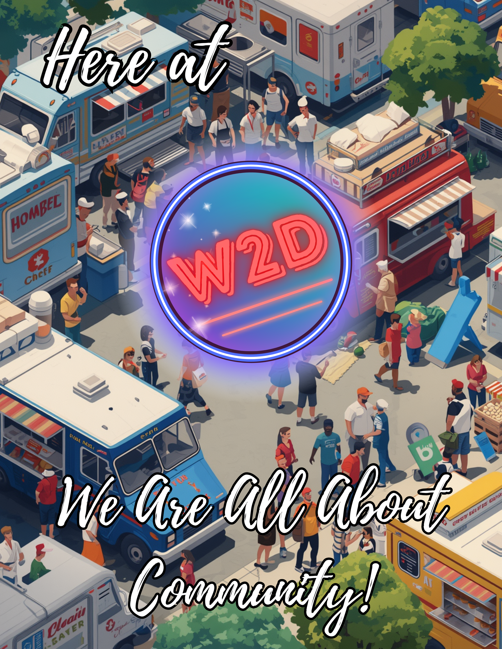 Crowd around a glowing W20 logo in a busy street scene with the text “Here at We Are All About Community”