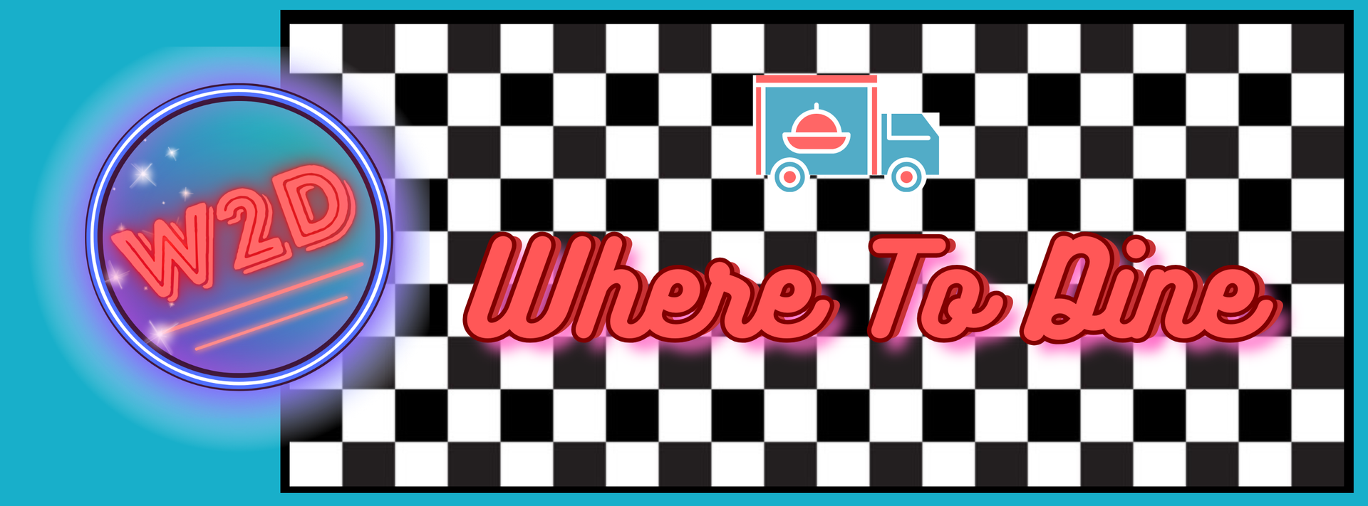 “Where To Dine” logo with neon red text, a pizza icon, and a checkerboard background