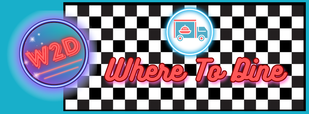 “Where To Dine” logo with neon red text, a pizza icon, and a checkerboard background