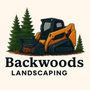 Yellow skid steer mulching brush near evergreen trees, "Backwoods Landscaping" logo.