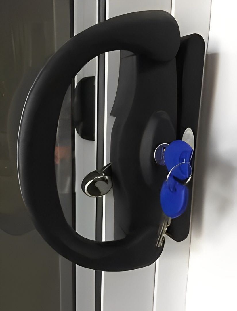 A black door handle with two blue keys on it — Innisfail Glass & Aluminium In Innisfail, QLD